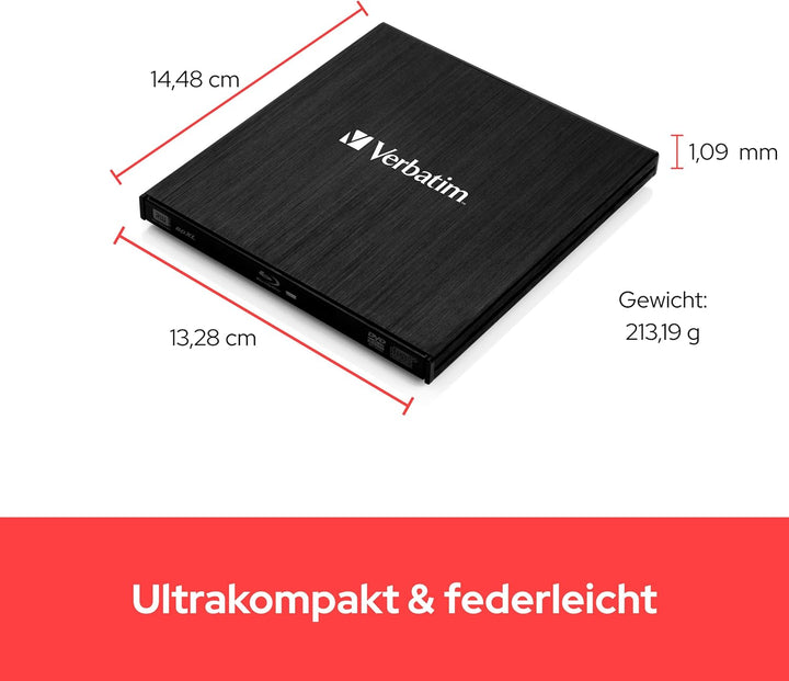 Verbatim Externer Slimline Bluray Writer mit USB 3.0-Kabel, externer DVD und Bluray Brenner, ideal f