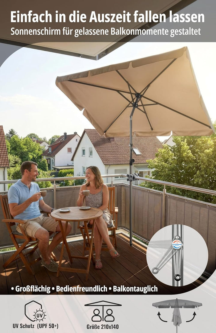 4smile Sonnenschirm Balkon mit Kurbel, Sonnenschirm rechteckig 210x140 cm, Sonnenschutz Balkon mit U