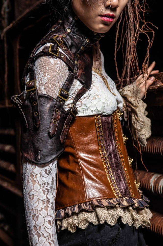 RQ-BL Steampunk EINSEITIGE ARMSTULPE Kunstleder Vintage Leder ausgefallen Damen Rüstung, Grösse:L, L