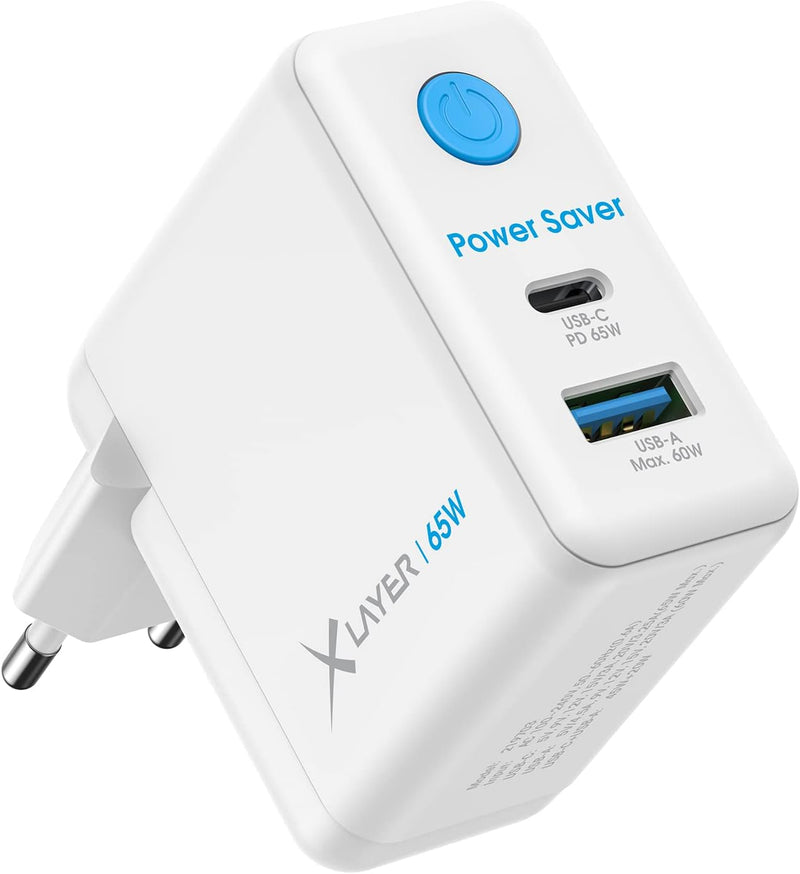 XLayer Power Saver 65W USB C Ladegerät PD Netzteil Knopfdruck Schnellladegerät mit Strom-Stopp-Funkt