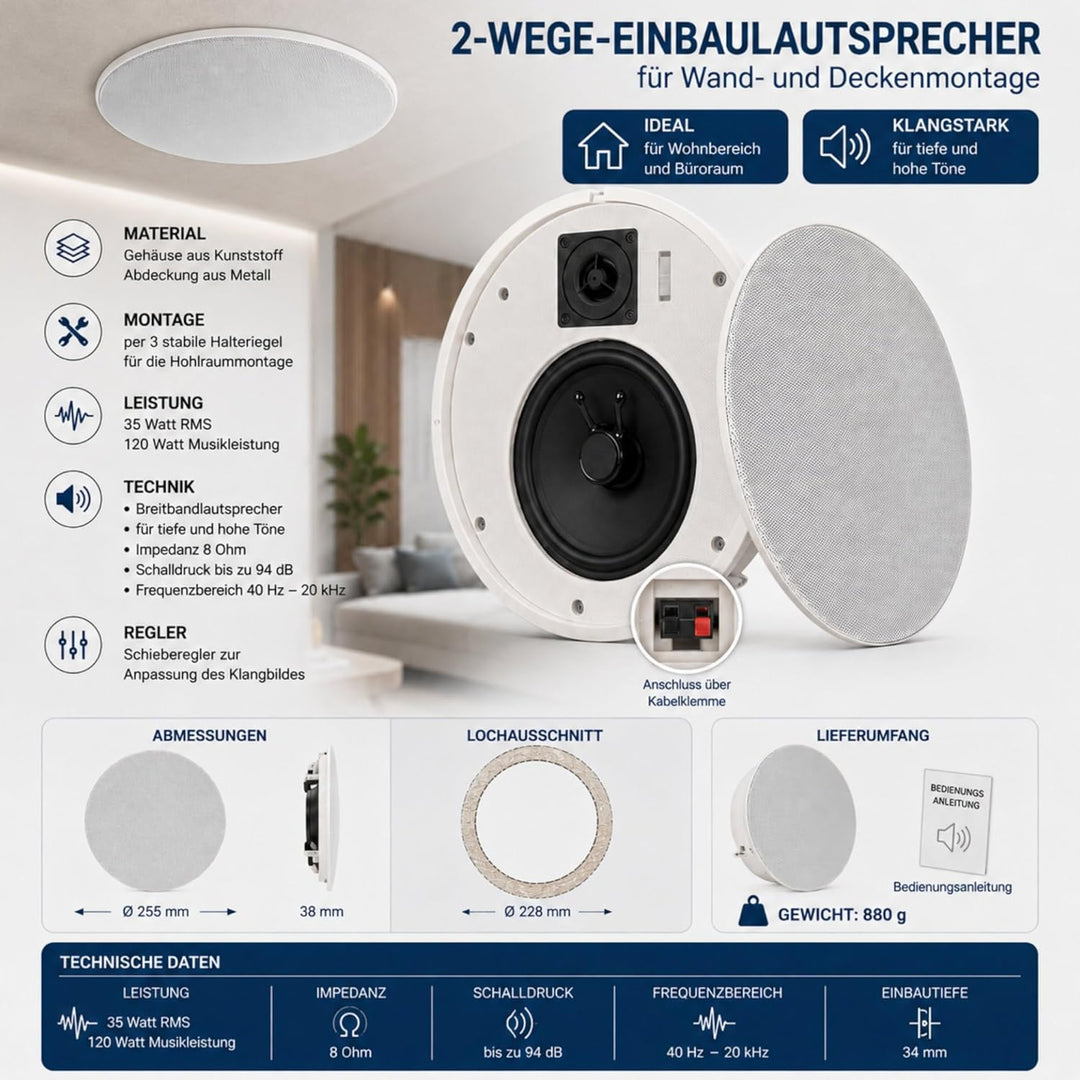 LUNIVERS Breitband Einbaulautsprecher 2-Wege, 35W RMS, 120W Musikleistung
