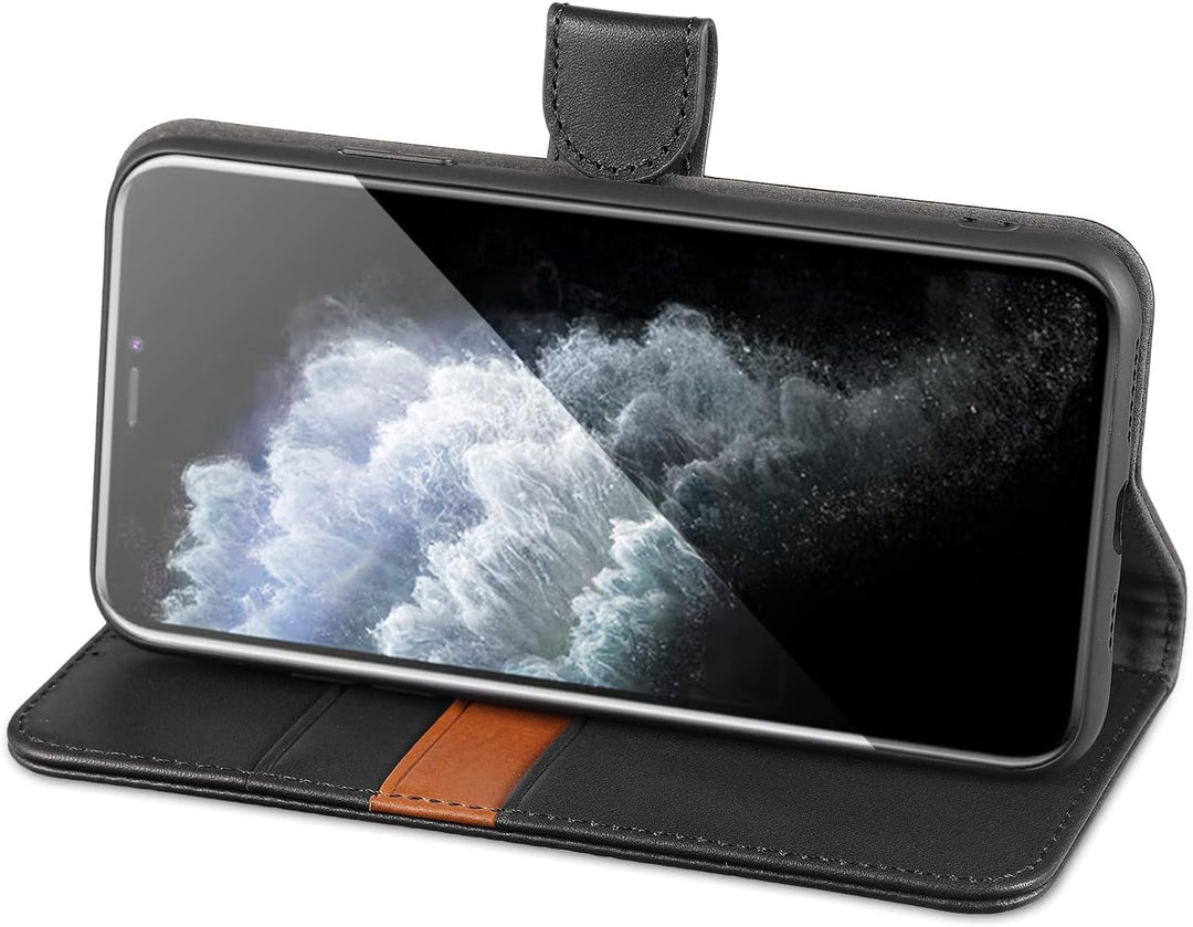 LENSUN Echtleder Hülle für iPhone 11 Pro Max, Handyhülle Flip Cover [Echtes Leder][Kartenfach][RFID