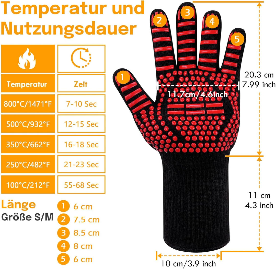 Reinalin Grillhandschuhe Hitzebeständig bis 800°C, Ofenhandschuhe Topfhandschuhe Feuerfeste Handschu