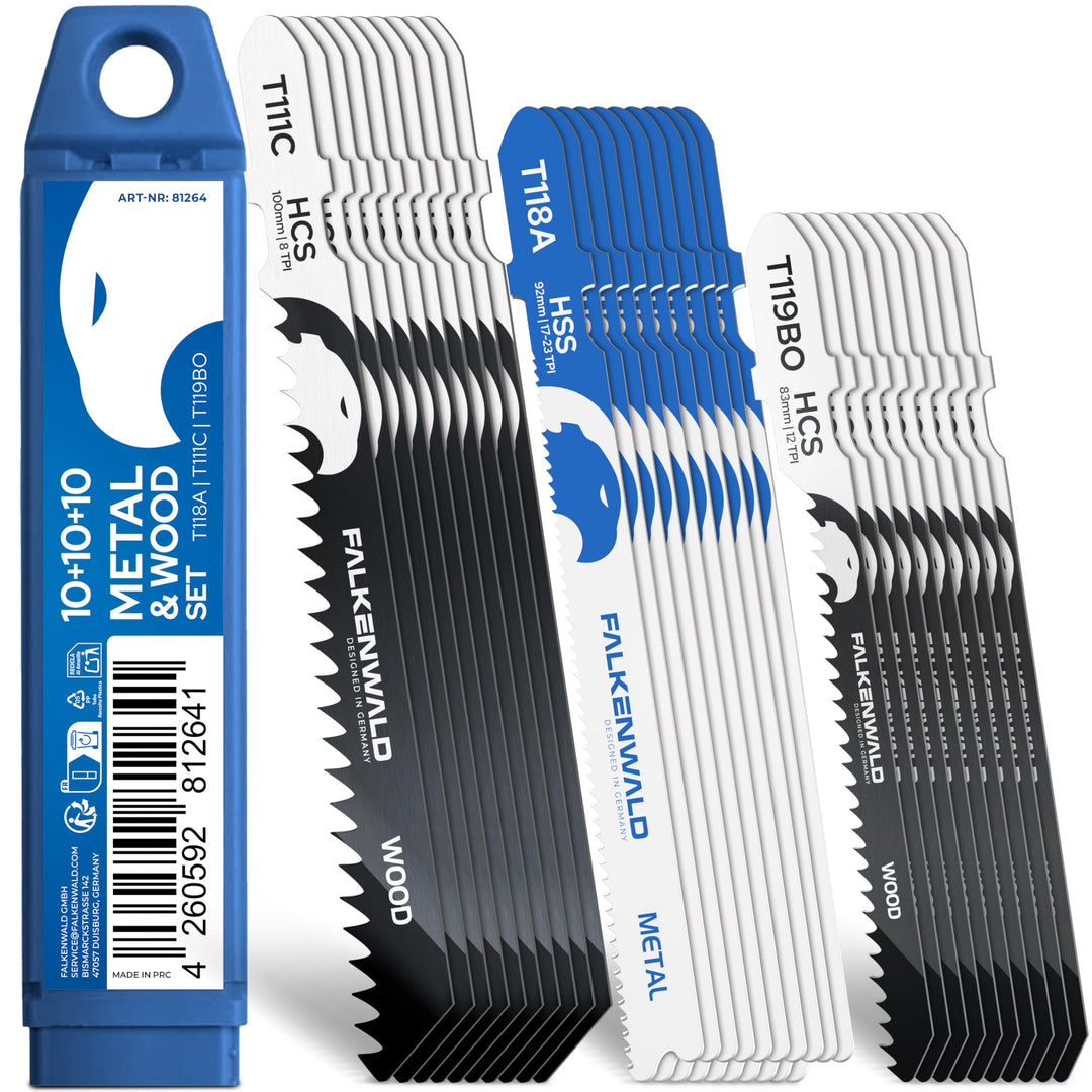 FALKENWALD® Stichsägeblätter Set 30tlg 20x Holz + 10x Metall - T-Schaft HCS & HSS - Für Weichholz, H