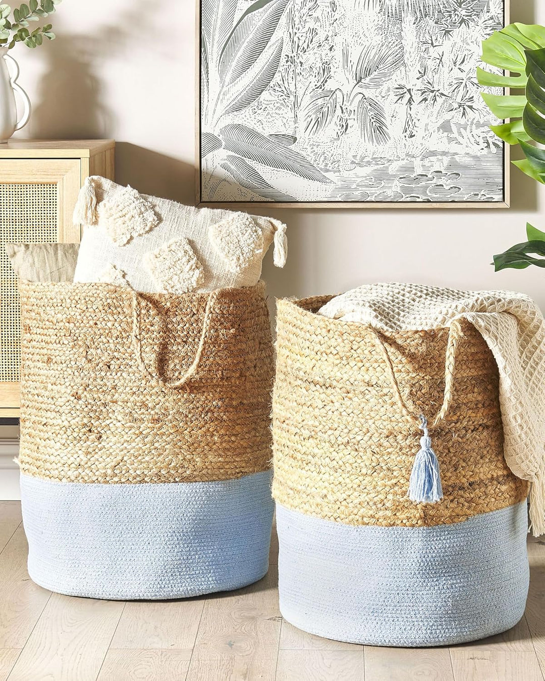 Aufbewahrungskörbe aus geflochtener Jute Baumwolle Set Natur und Blau Gajar