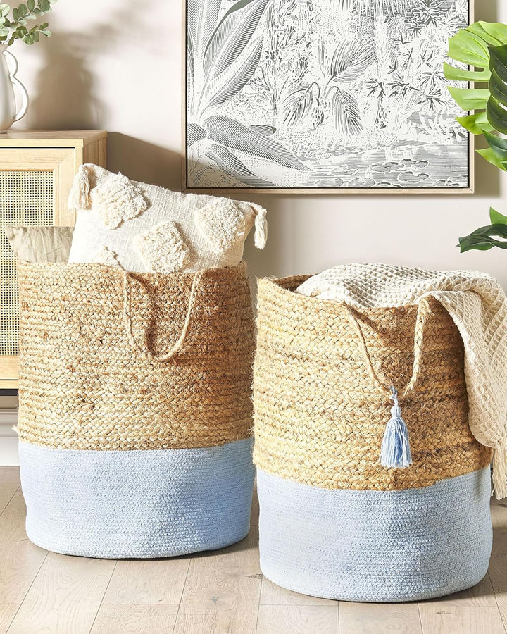 Aufbewahrungskörbe aus geflochtener Jute Baumwolle Set Natur und Blau Gajar