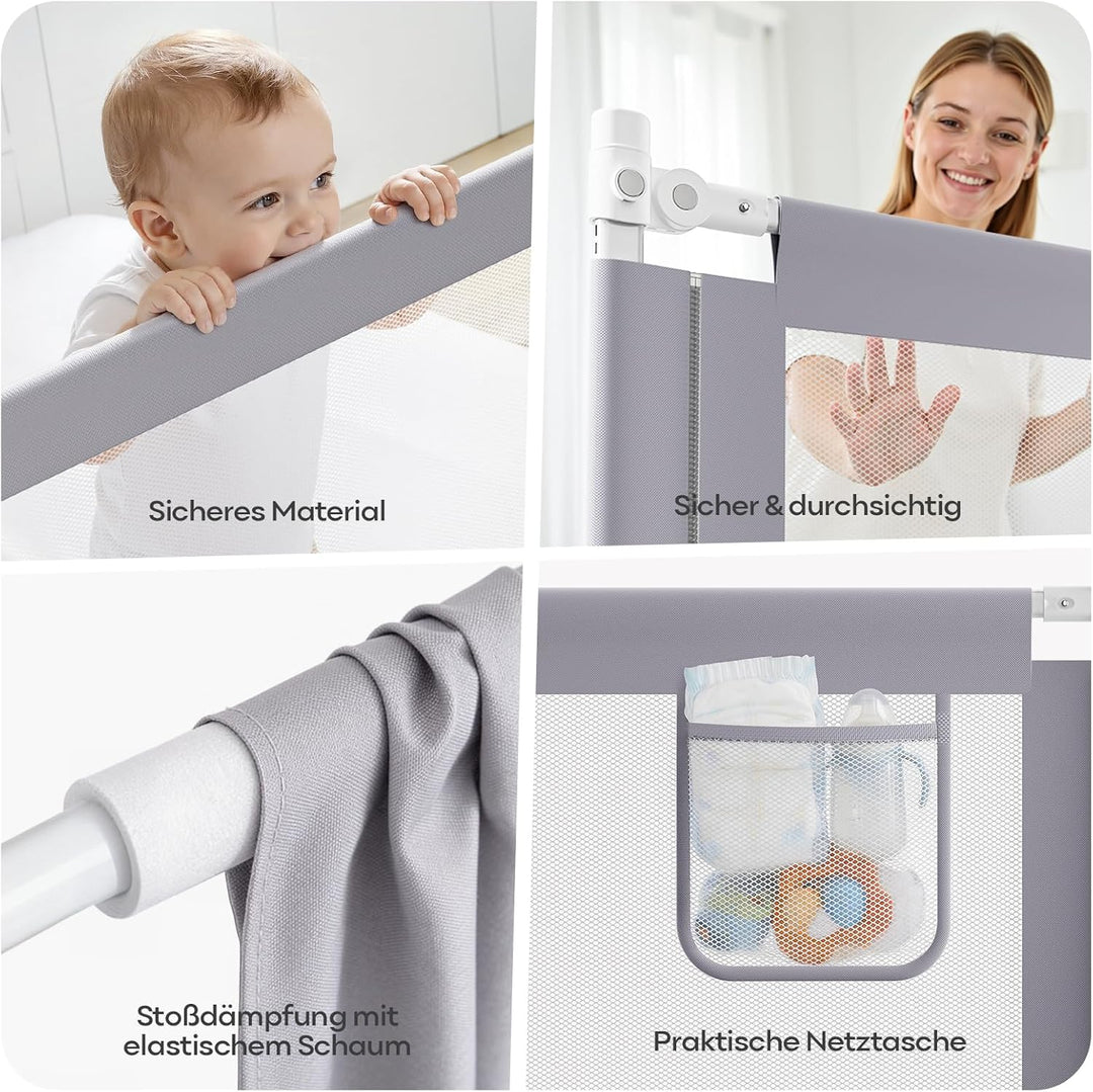 Bettschutzgitter Hellgrau 180cm, Rausfallschutz Boxspringbett, Höhenverstellbar, Mit Befestigungsgur