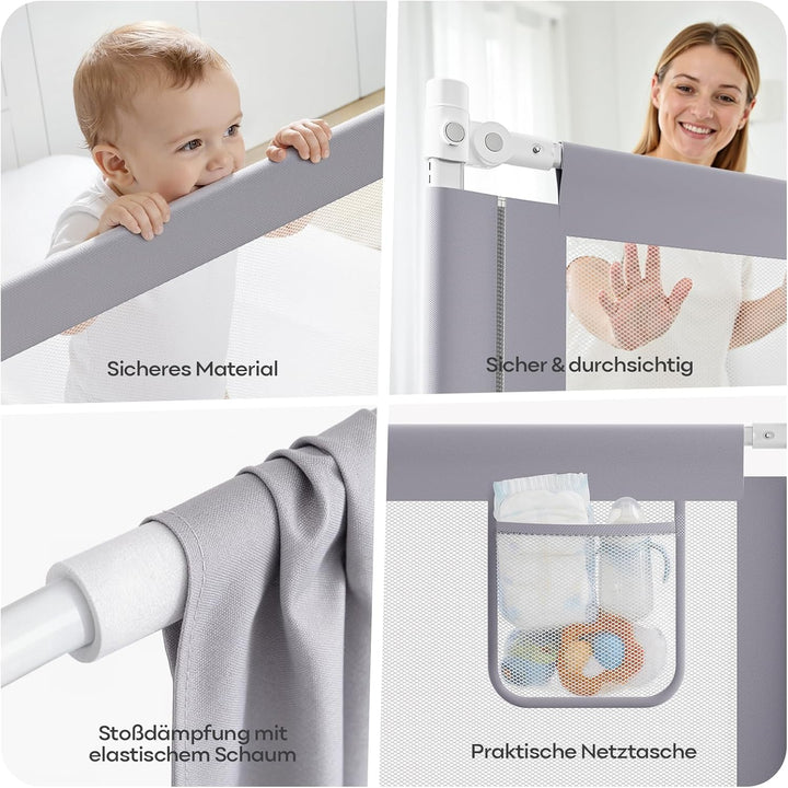 Bettschutzgitter Hellgrau 180cm, Rausfallschutz Boxspringbett, Höhenverstellbar, Mit Befestigungsgur