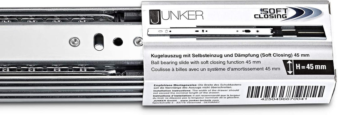 Junker 1 Ve (15 Paar) Vollauszüge KV1-45-H45-L400-SC 400 mm 45 Kg Tragkraft Teleskopschiene mit Soft