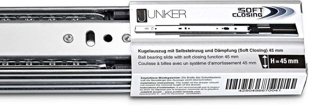 Junker 1 Ve (10 Paar) Vollauszüge KV1-45-H45-L650-SC 650 mm 45 Kg Tragkraft Teleskopschiene mit Soft