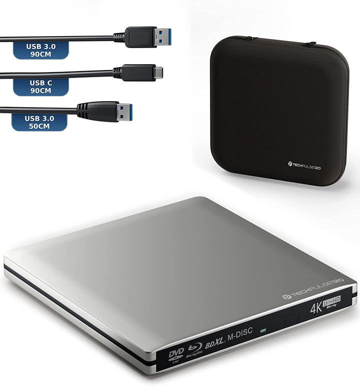 techPulse120 Externes UltraHD UHD 4k 3D M-DISC BDXL HDR10 100GB USB 3.0 &amp; USB-C Laufwerk Bluray Bren