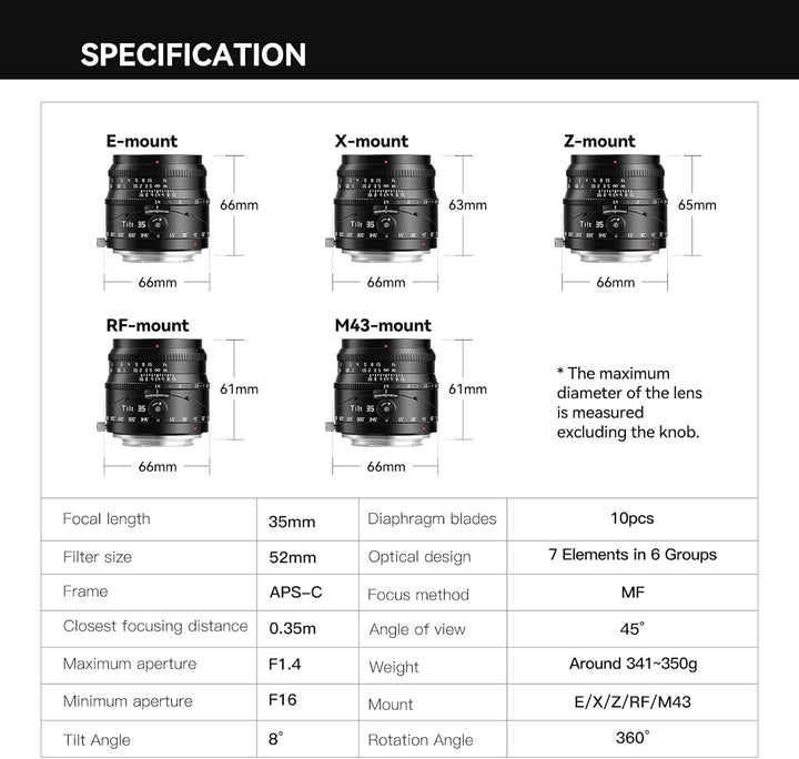 TTARTISAN Neigbares 35 mm f/1.4-Objektiv für XF-Mount APS-C Manueller Fokus, Neigungsobjektiv, gross