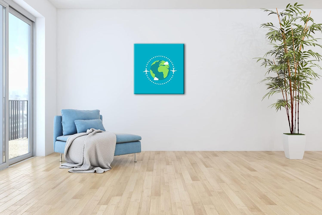 Flugzeug um die Erde Logo Format: 60x60 als Leinwandbild, Motiv fertig gerahmt auf Echtholzrahmen, H