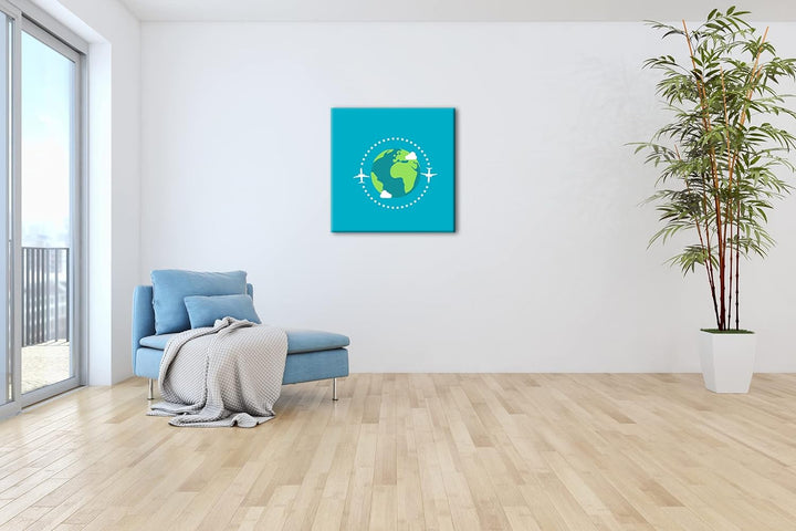 Flugzeug um die Erde Logo Format: 70x70 als Leinwandbild, Motiv fertig gerahmt auf Echtholzrahmen, H