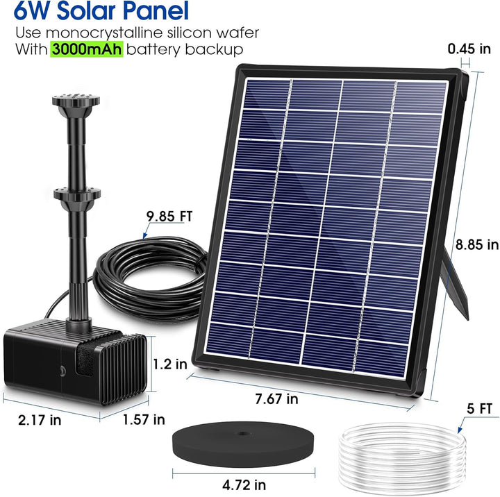 Biling 6W Solar Springbrunnen für aussen mit Akku, 10 Fontänenstilen und mit 3000 mAh Batterie Solar