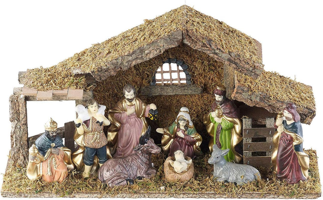 Britesta Krippe: Hochwertige Holz-Weihnachtskrippe, grosse handbemalte Porzellan-Figuren (Krippe