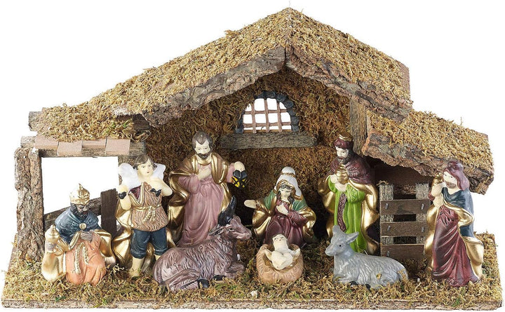 Britesta Krippe: Hochwertige Holz-Weihnachtskrippe, grosse handbemalte Porzellan-Figuren (Krippe