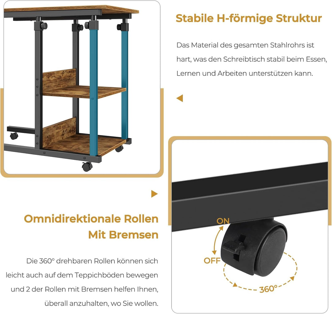 Dripex Schreibtisch Beistelltisch mit Rollen Laptoptisch Höhenverstellbar, aus Holz, Sofatisch Nacht