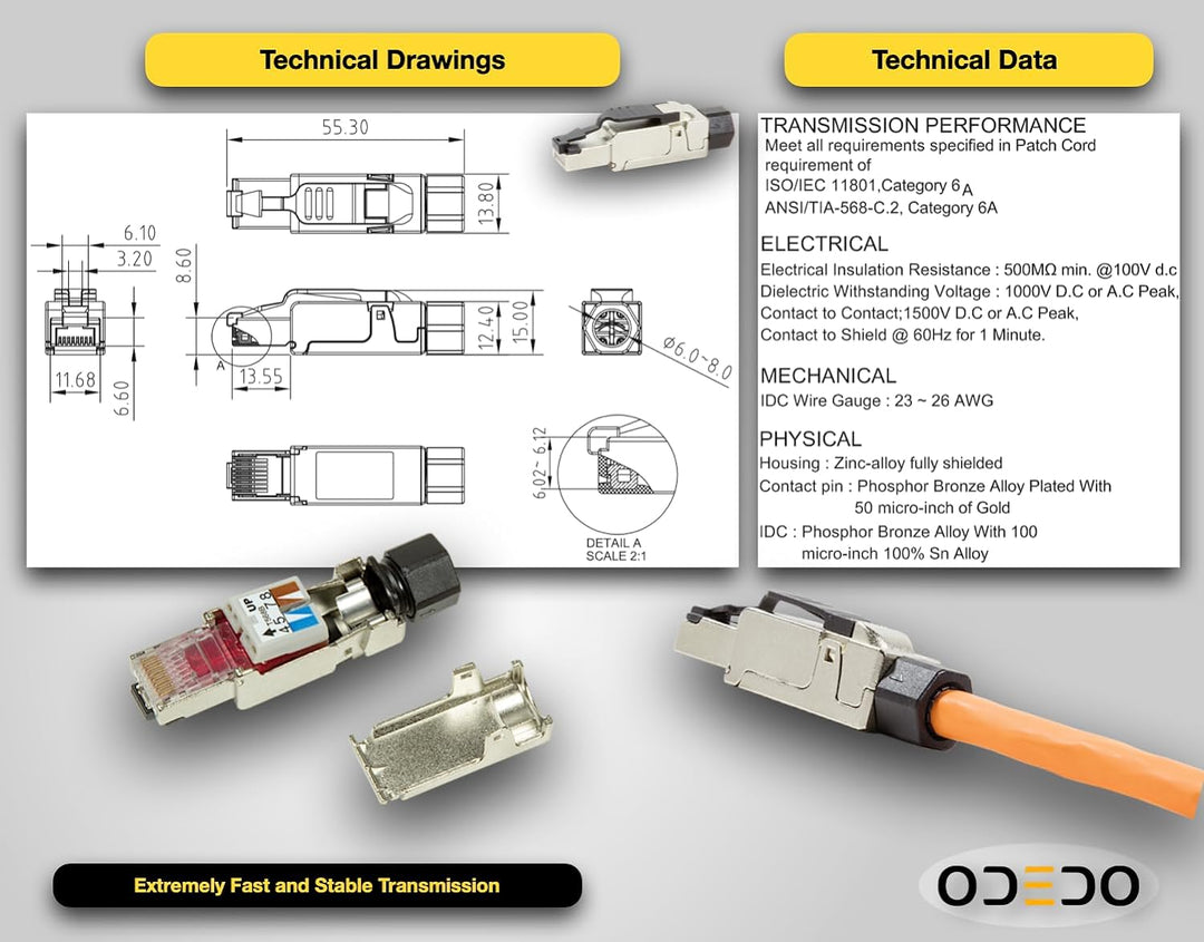 odedo 8X CAT 6A & 7 RJ45 Crimp Stecker Netzwerkstecker feldkonfektionierbar bis 10 Gigabit für Verle