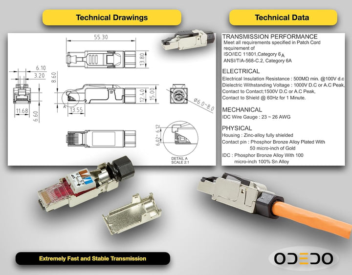 odedo 8X CAT 6A & 7 RJ45 Crimp Stecker Netzwerkstecker feldkonfektionierbar bis 10 Gigabit für Verle