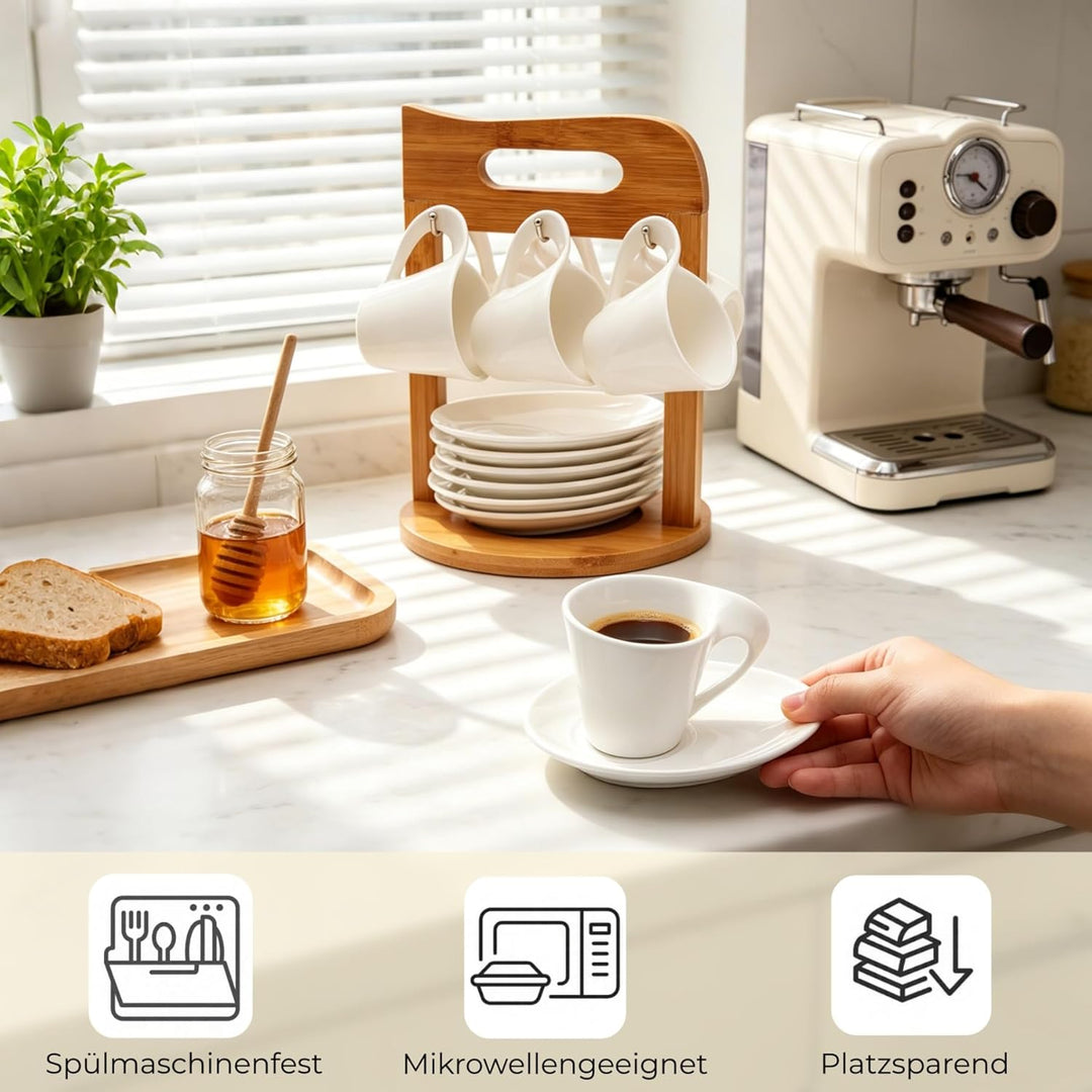 JUJOYBD Espressotassen Set mit Ständer, 6 x 80ml Porzellan Espresso Tassen mit Untertassen Set, Mokk