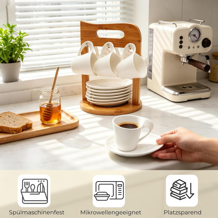 JUJOYBD Espressotassen Set mit Ständer, 6 x 80ml Porzellan Espresso Tassen mit Untertassen Set, Mokk