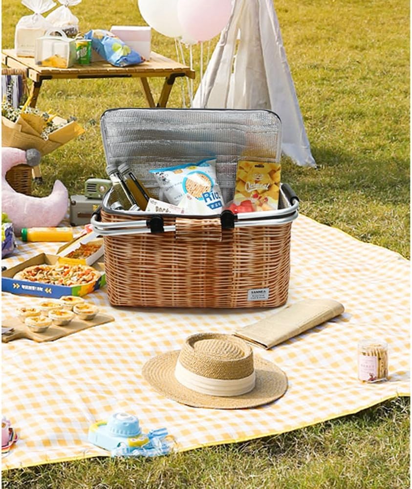 Picknickkorb mit Lsolierung, Weidenkorb Muster, Faltbarer Einkaufskorb 25L Kühltasche Thermotasche I