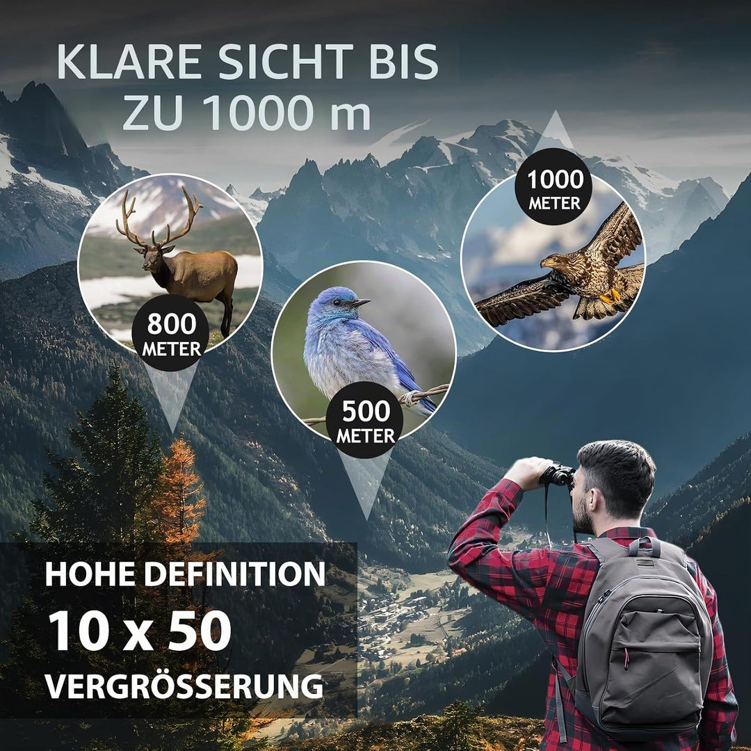 10x50 HD-Fernglas für Erwachsene. Leistungsstarkes, wasserdichtes und kompaktes Fernglas für Vogelbe