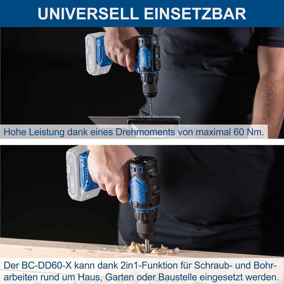 Scheppach Akku-Bohrschrauber BC-DD60-X 20V Brushless Akkuschrauber | Drehmoment 60Nm | Bohrfutter 1,
