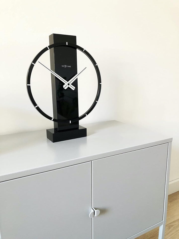 NeXtime ausgefallende Tischuhr 5225ZW Noa Table, Holz, schwarz 27x21x6,5cm, Holz schwarz, Ø 27 cm, 5