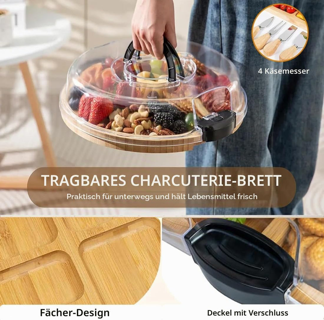 ERNAN Käsebrett mit Deckel für Partys Reisen, Servierplatte mit Fächern Griff für Snacks Fleisch Des