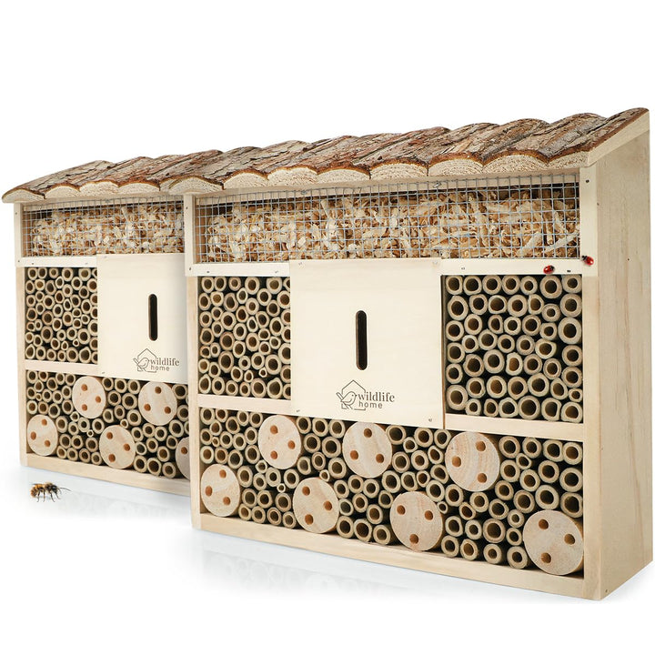 WILDLIFE HOME Bienenhotel Insektenhotel mit Rindendach - 2er Set I Unbehandelt, Bienenhaus aus Massi