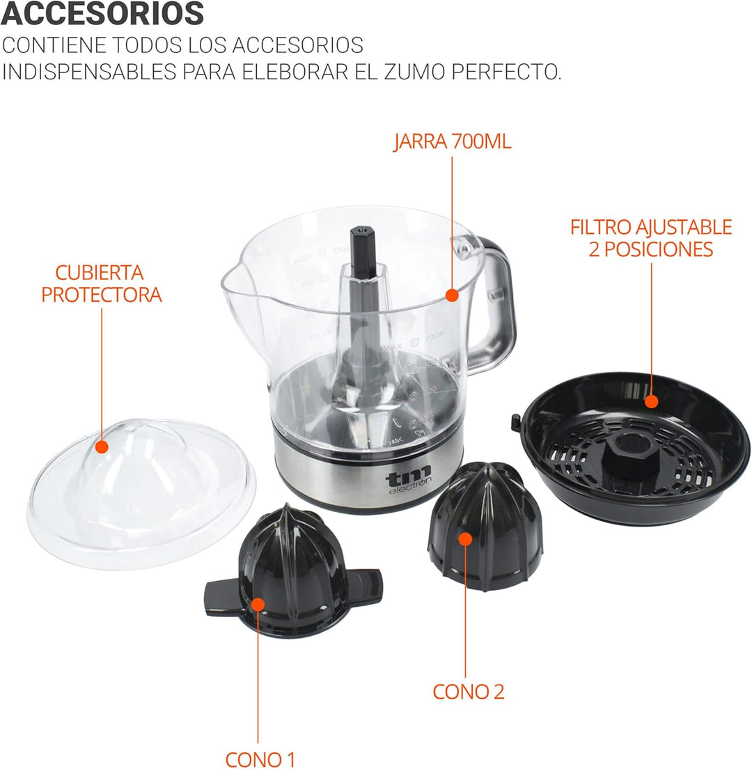 TM Electron TMPEX005 Elektrische Zitruspresse mit Krug 700 ml, 2 Presskegel, einstellbarer Fruchtfle
