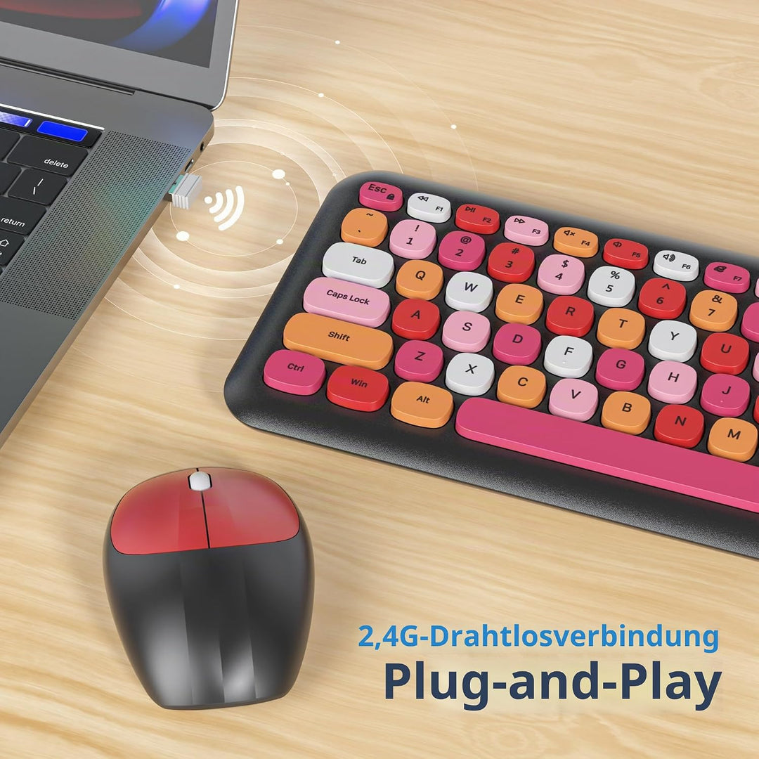 SOLIDEE Buntes kabellose Tastatur und Maus-Kombination,2.4GHz Retro Schreibmaschine Tastatur,104 Tas