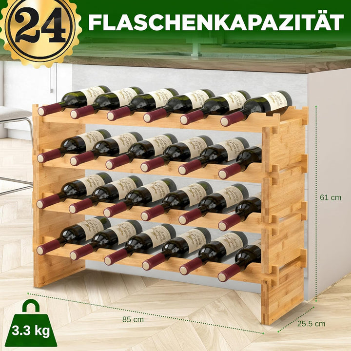 NutriChef Regal Schmal Weinregal aus Bambus Holz – 24 Flaschen, 4 Etagen – Stapelbares Flaschenregal
