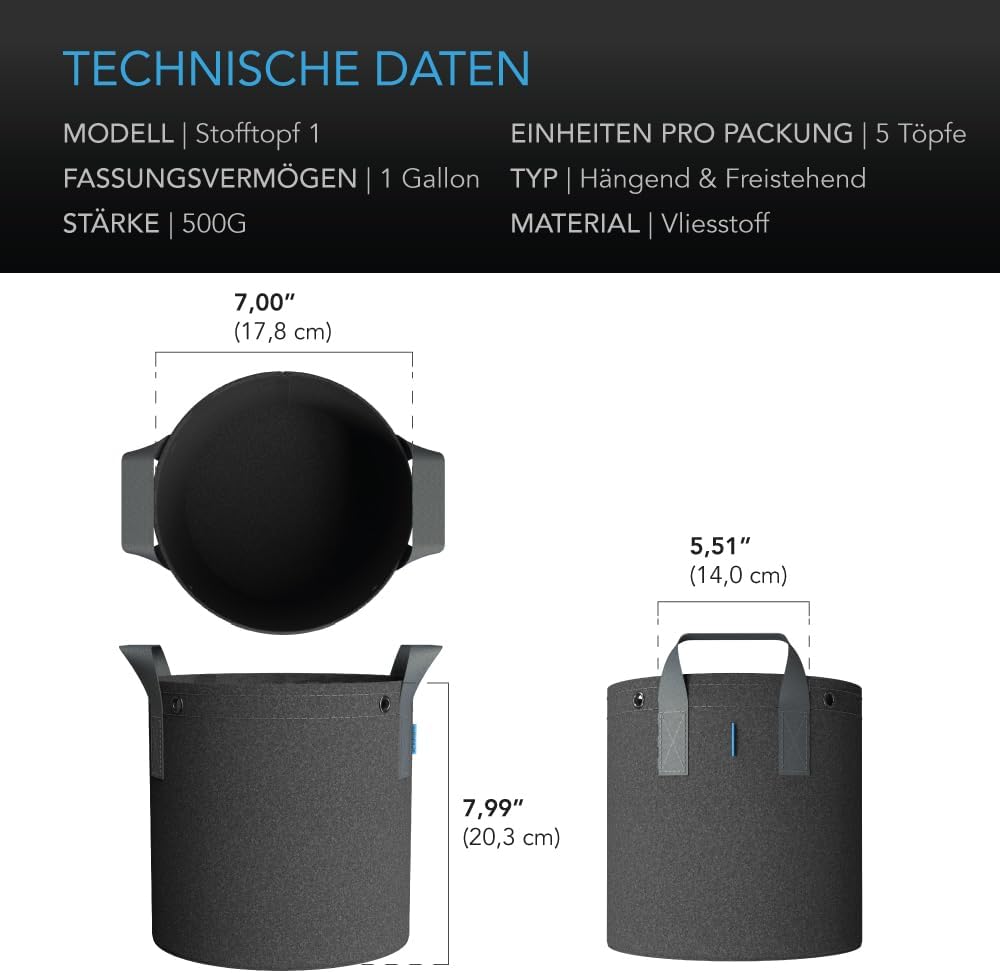 AC Infinity Robuste Stofftöpfe, 3,5 l, Belüftung, Wachstumsbeutel, 5 Stück, mit 500 g dickem Vliesst