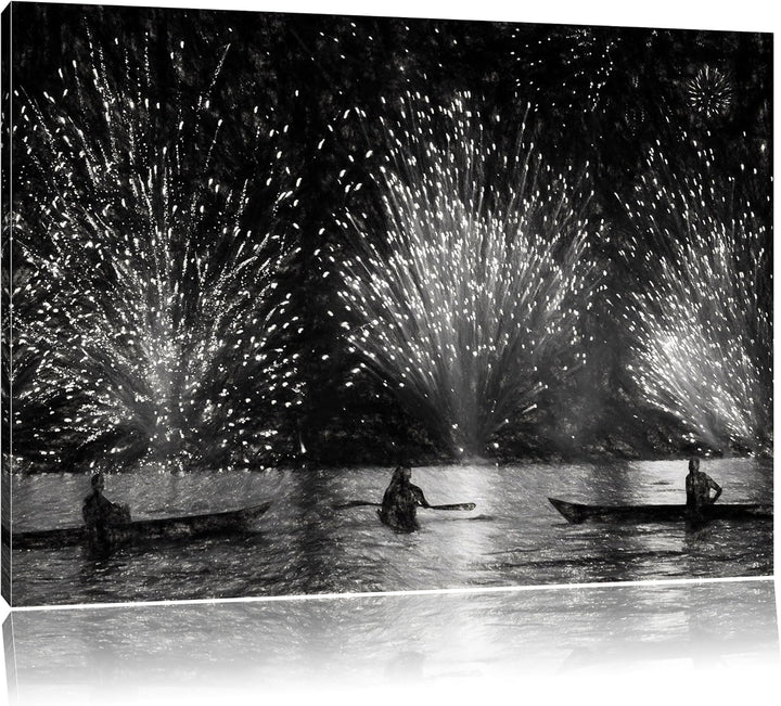 Pixxprint Feuerwerk auf dem Wasser / 100x70cm Leinwandbild bespannt auf Holzrahmen/Wandbild Kunstdru