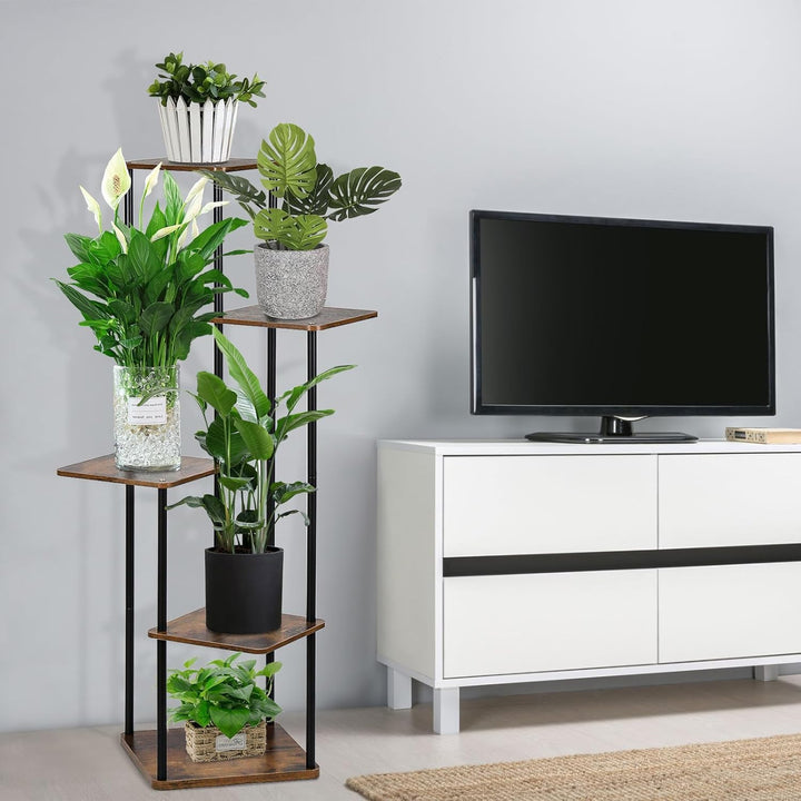 Generisch 5 Tier Hölzern Metall Blumenständer, Mehrstöckig Abnehmbarer Pflanzenständer Pflanzenregal