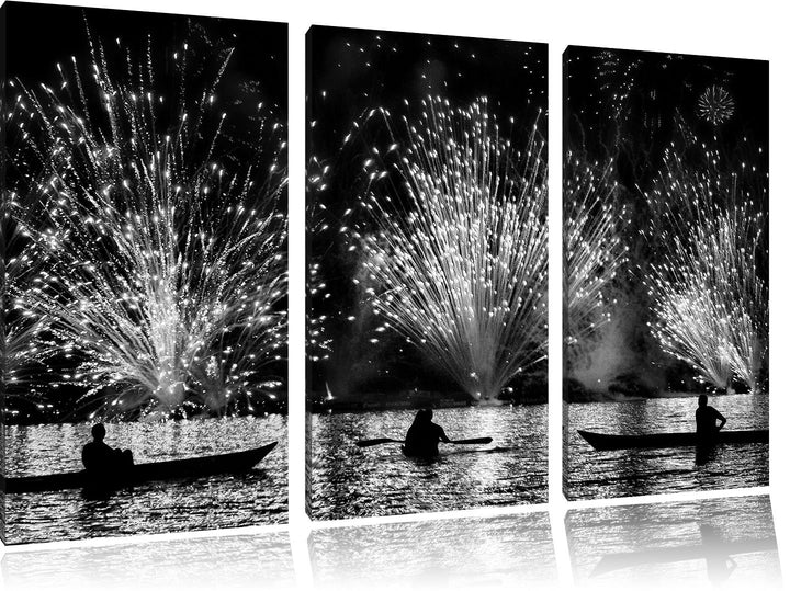 Pixxprint Feuerwerk auf dem Wasser / 3-Teilig/Gesamtmass 120cm Leinwandbild bespannt auf Holzrahmen/
