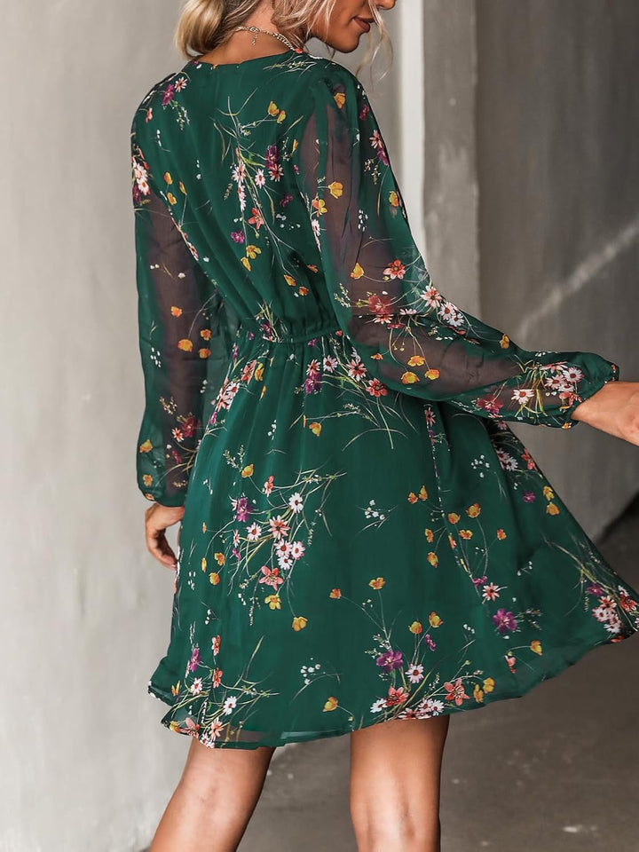 CUPSHE Damen Kleid V Ausschnitt Wickeloptik Transparente Lange Ärmel Blumenmuster Freizeitkleider Wr