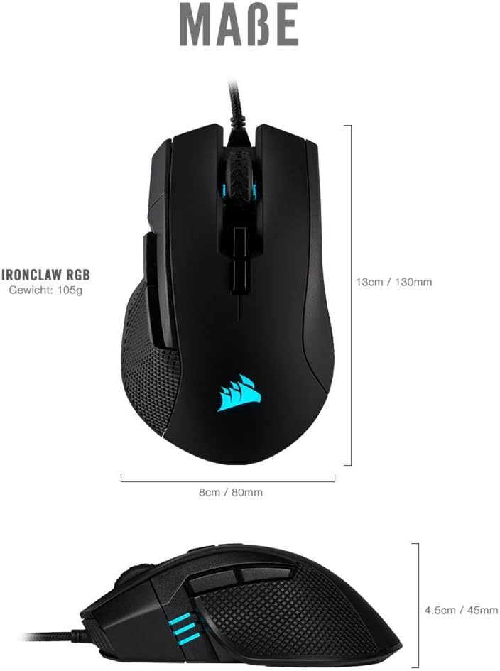 Corsair IRONCLAW RGB Wired FPS/MOBA Gaming Mouse - 18.000 DPI - 7 Programmierbare Tasten - Designed