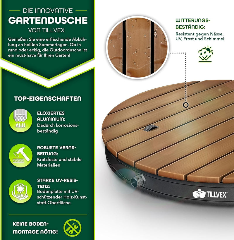 tillvex® Gartendusche Outdoor bis 4 m Fontänenhöhe | Bodendusche rechteckig & rund mit Fussrad | Aus