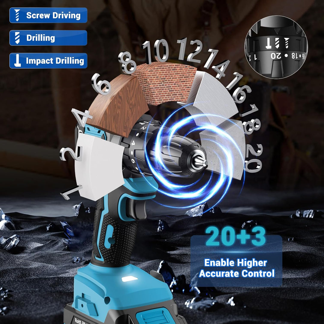 LEEIKOO Bürstenloser Akkuschrauber 21V, Akku Bohrschrauber mit 2 Akkus 2,0Ah, 45N.m Drehmoment, 20+3