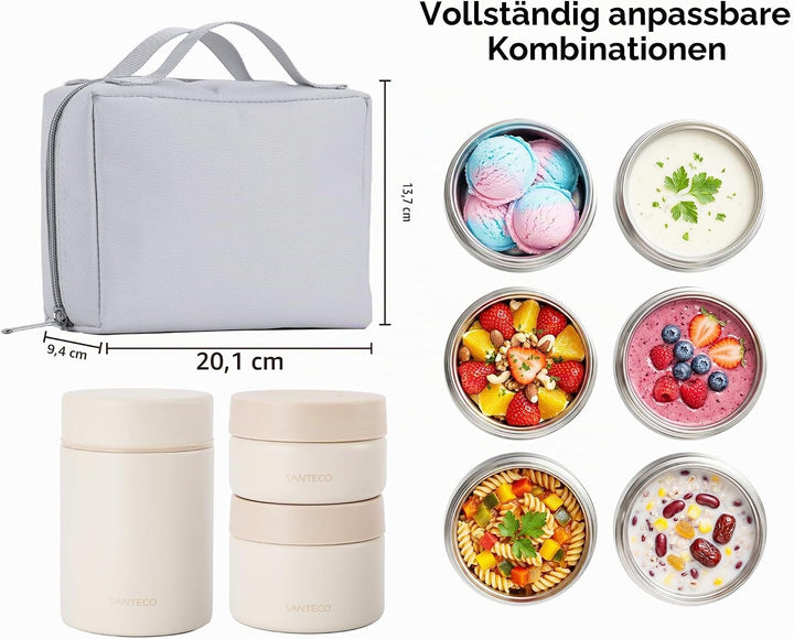 SANTECO Vakuumisolierter Suppen-Lunch-Set 1050ml - Isolierte Brotdose mit Löffel &amp; Tragetasche - Sti