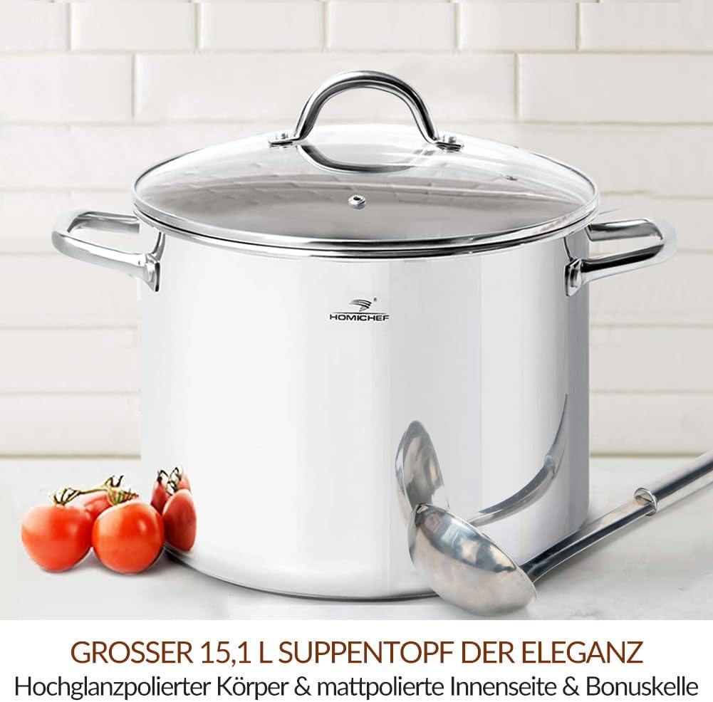 HOMICHEF Grosser Suppentopf aus nickelfreiem Edelstahl (29 cm, 15,1 L) – Hochglanzpolierter Suppento