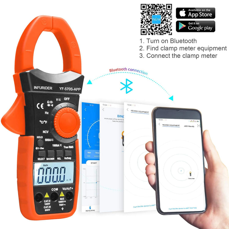 Digital Clamp Meter,INFURIDER YF-570S-APP Bluetooth Clamp Multimeter Zangenmessgerät mit 6000 Counts