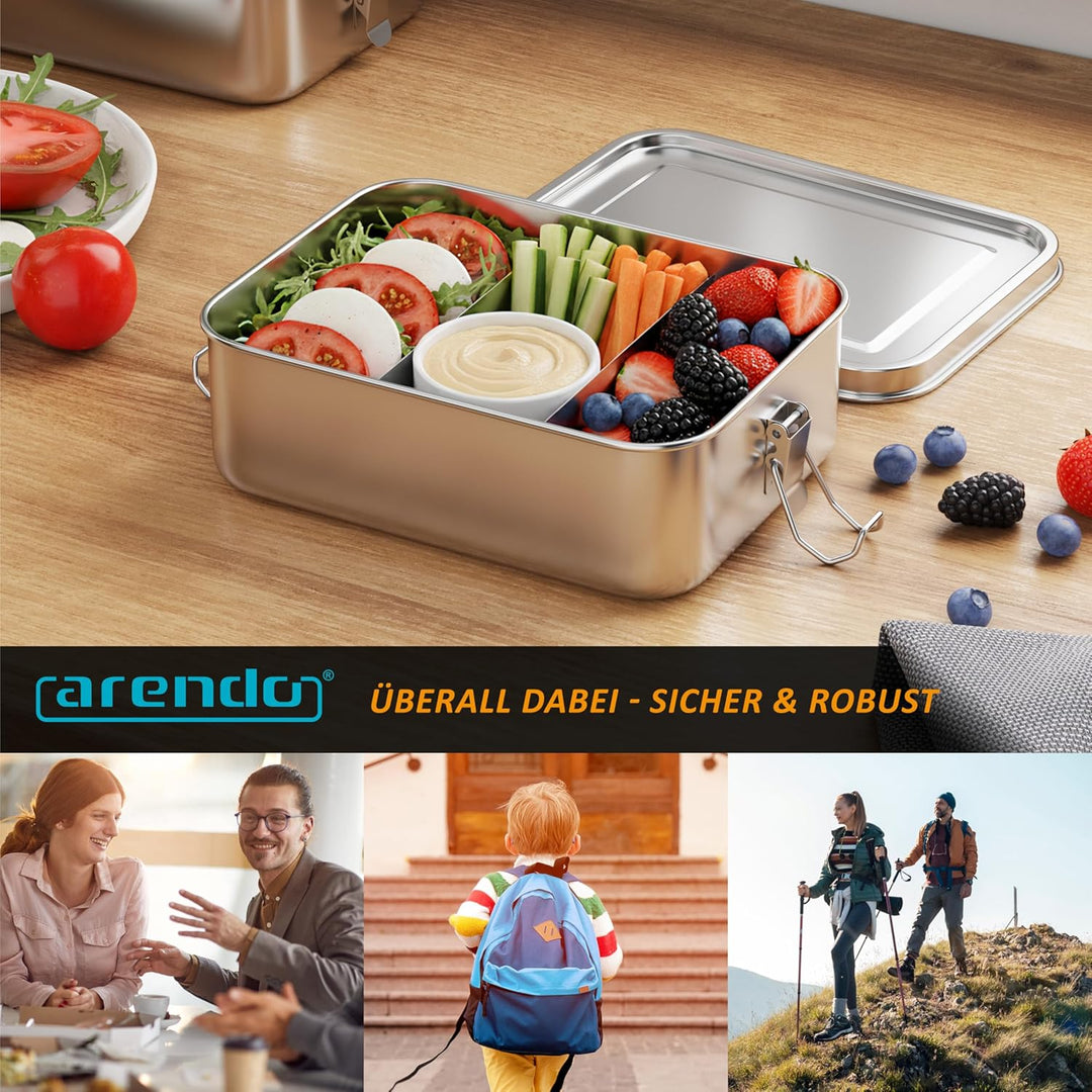Arendo - Lunchbox Edelstahl – Brotdose 1200 ml – mit Fächern – zwei entnehmbare Trennwände - auslauf