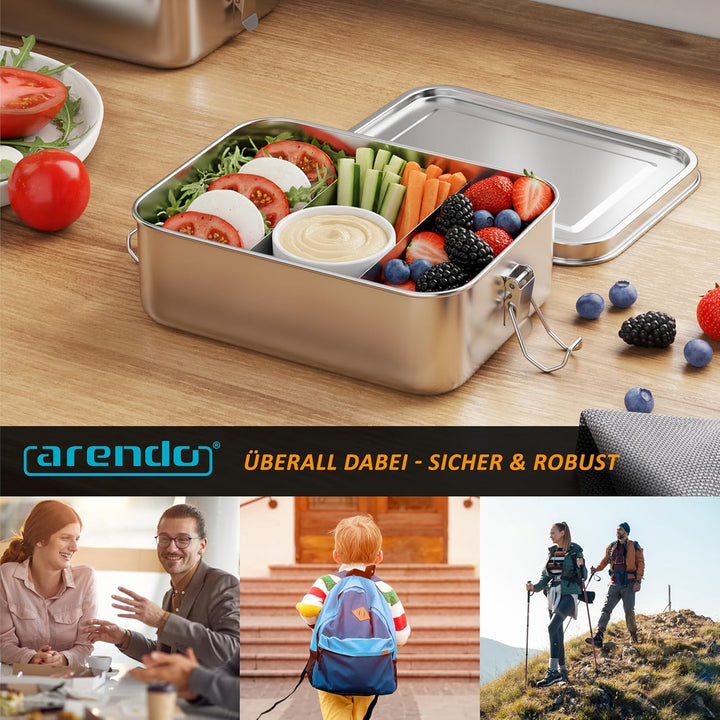 Arendo - Lunchbox Edelstahl – Brotdose 1200 ml – mit Fächern – zwei entnehmbare Trennwände - auslauf