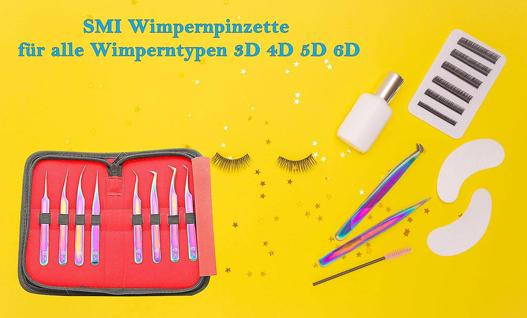 SMI 8 Stück Wimpern Pinzette Wimpernpinzette Wimpernverlängerung Pinzette Spitz Wimpernzange Gebogen
