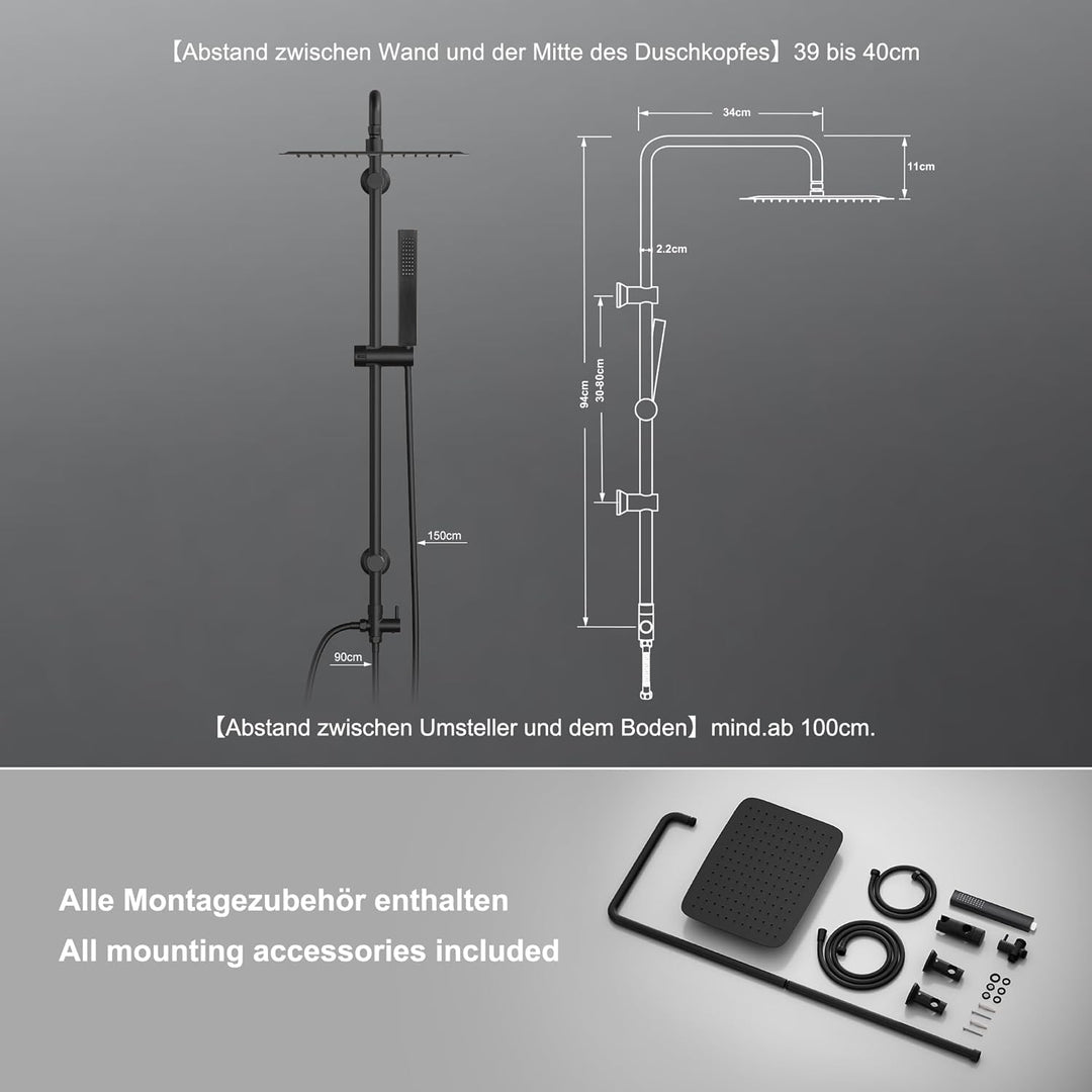 Görbach Regendusche Duschsystem ohne Armatur, Edelstahl Duschset mit 92cm Duschstange, XXL Überkopfb
